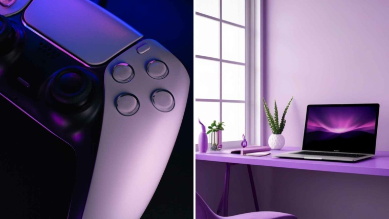 Split image of a white gaming controller under purple lighting and a modern desk with laptop, plants, and window in a calm violet workspace.