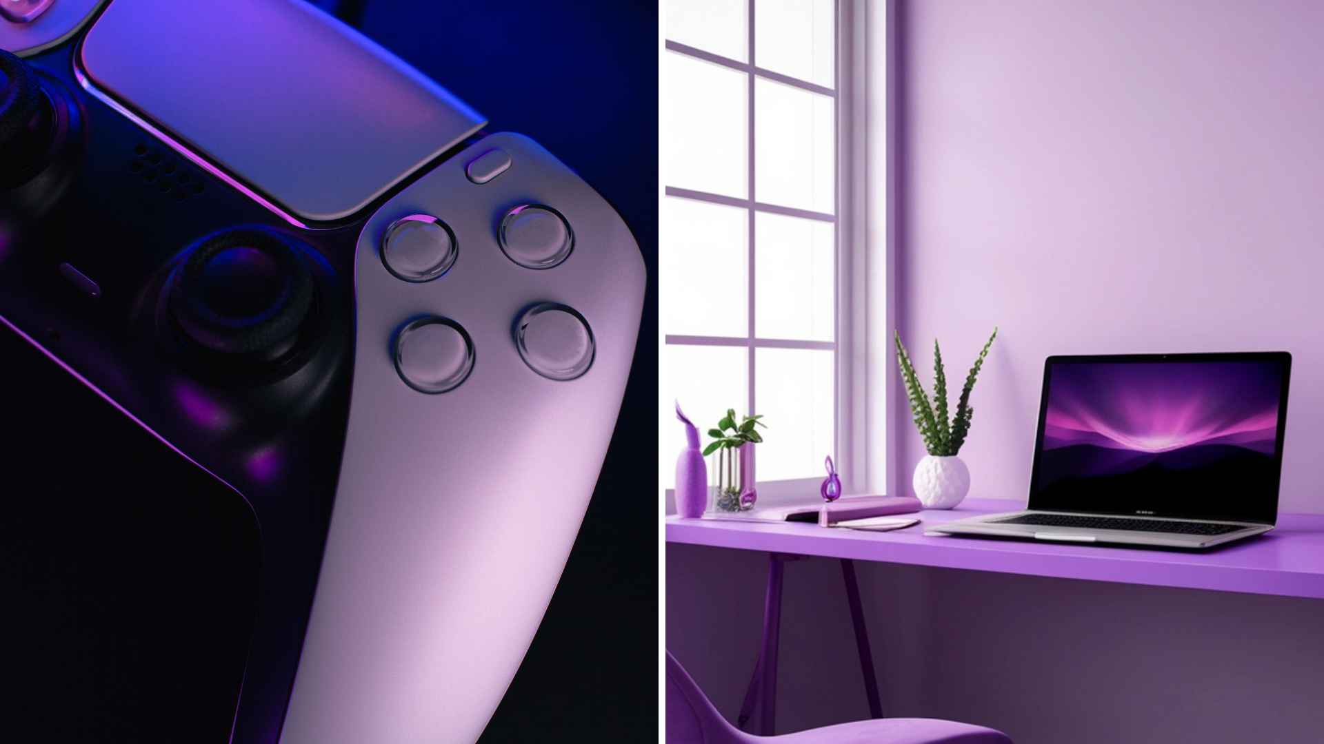 Split image of a white gaming controller under purple lighting and a modern desk with laptop, plants, and window in a calm violet workspace.